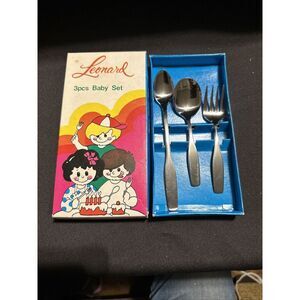 Vintage Leonard Silver Co. Stainless 3‎ Piece Baby Flatware Set Mint in Box NIB
